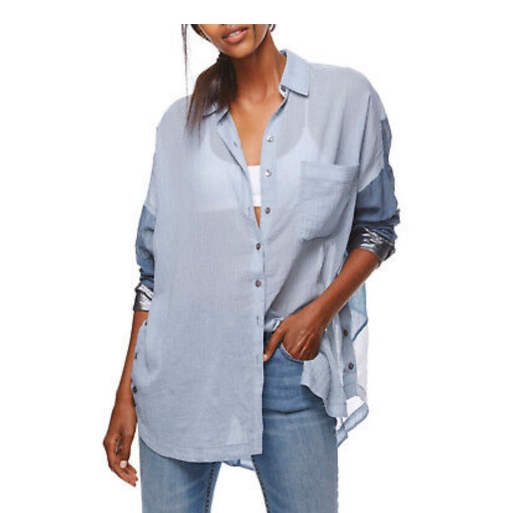 Free People Cotton Sheer Tie-Front Shirt Blue XS